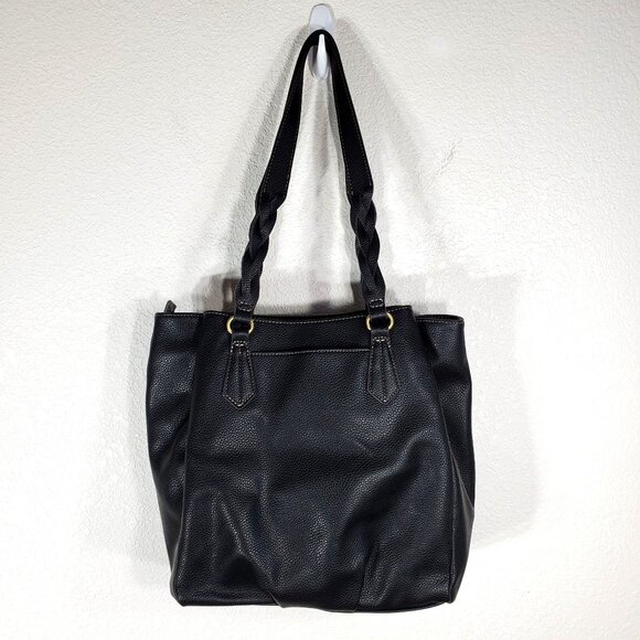 St. Johns Bay Black Faux Leather Tote Bag With Braided Handles & Tassel Accent - Picture 2 of 13